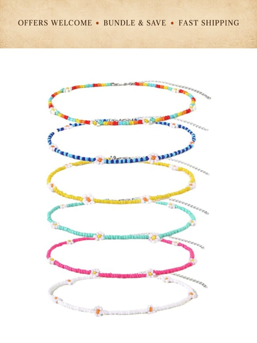 6pc Flower Beaded Choker Necklace Set Boho Alloy Glass Rice Bead Unbranded